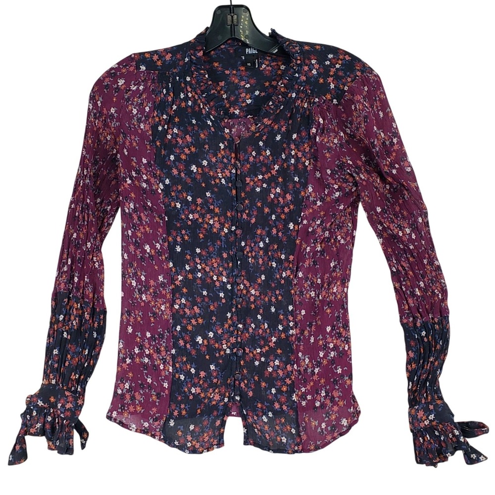 PAIGE Floral Silk Blouse Womens XS Burgundy Boho Ruffle Cuffs Top Cottagecore